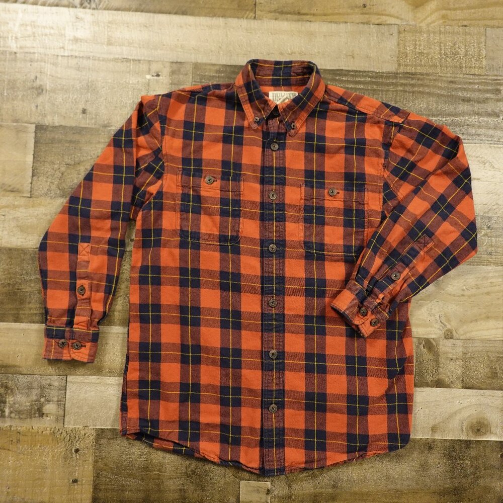 Duluth Trading Free Swingin' Flannel Relaxed Fit Shirt Men's Small Orange Black